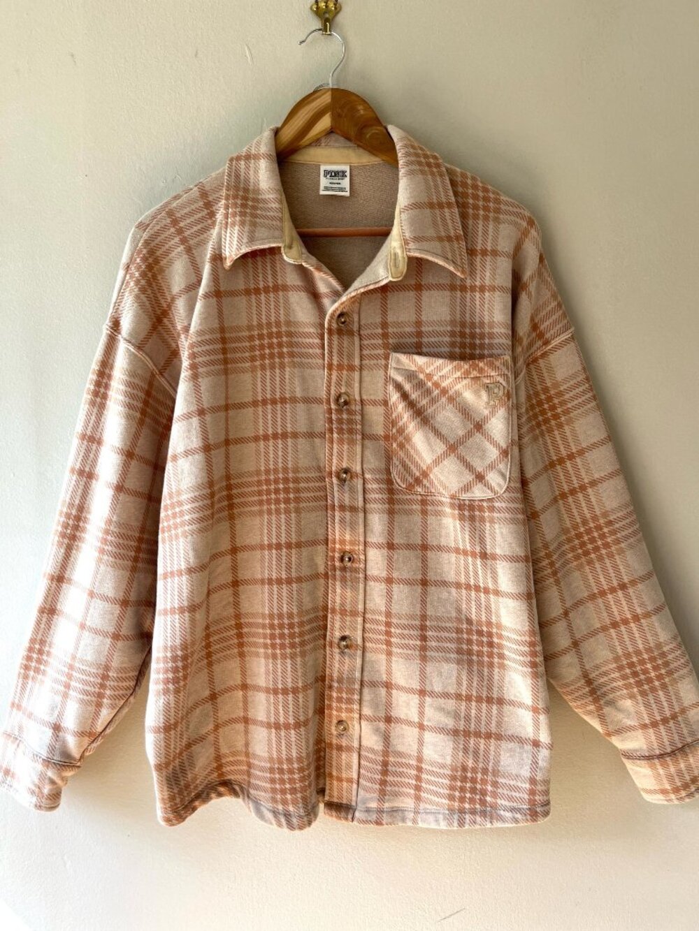 XL Victorias Secret PINK Womens Beige Plaid Flannel Shirt or Shacket Pocket